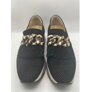 Softwaves Cadie Black Suede Platform Loafers Tortoise accent Fringe 36.5